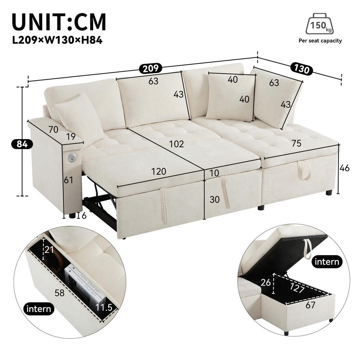 ECKSOFA rechts mit Schlaffunktion, Chenille & Stauraum, 209/130/84 cm, Beige - Beige, Textil (130/209cm) - Redom