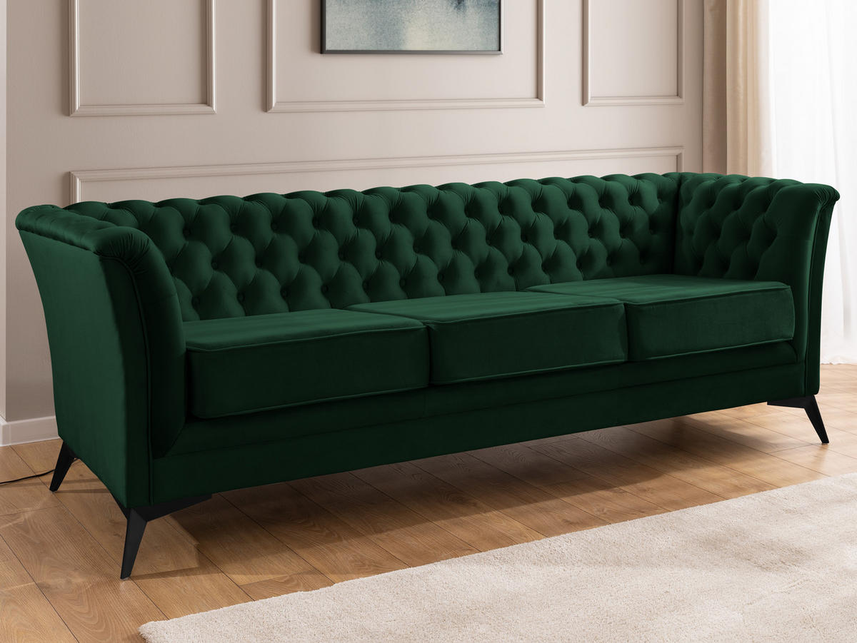 CHESTERFIELD-SOFA 3-sitzer Whitby Flaschengrün Samt mit schwarzen Füßen - Dunkelgrün/Schwarz, Holz/Textil (237/78/82cm) - S-Style Möbel