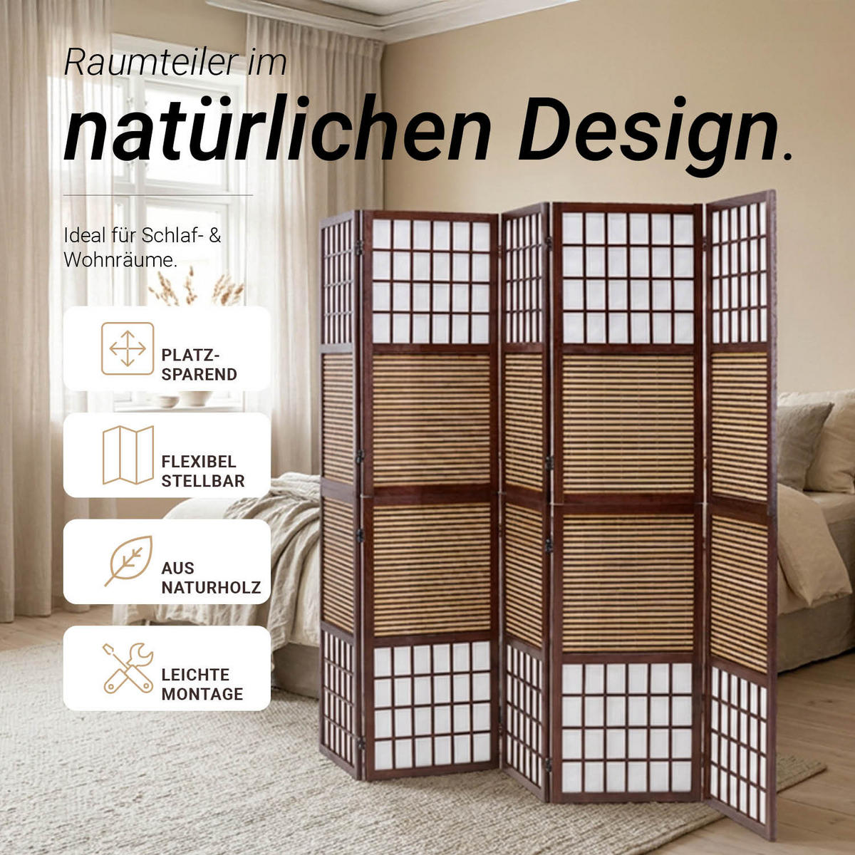 PARAVENT 5-tlg. 220/175 cm Braun Bambuslamellen - Braun, Holz (220/175/2cm) - Homestyle4u