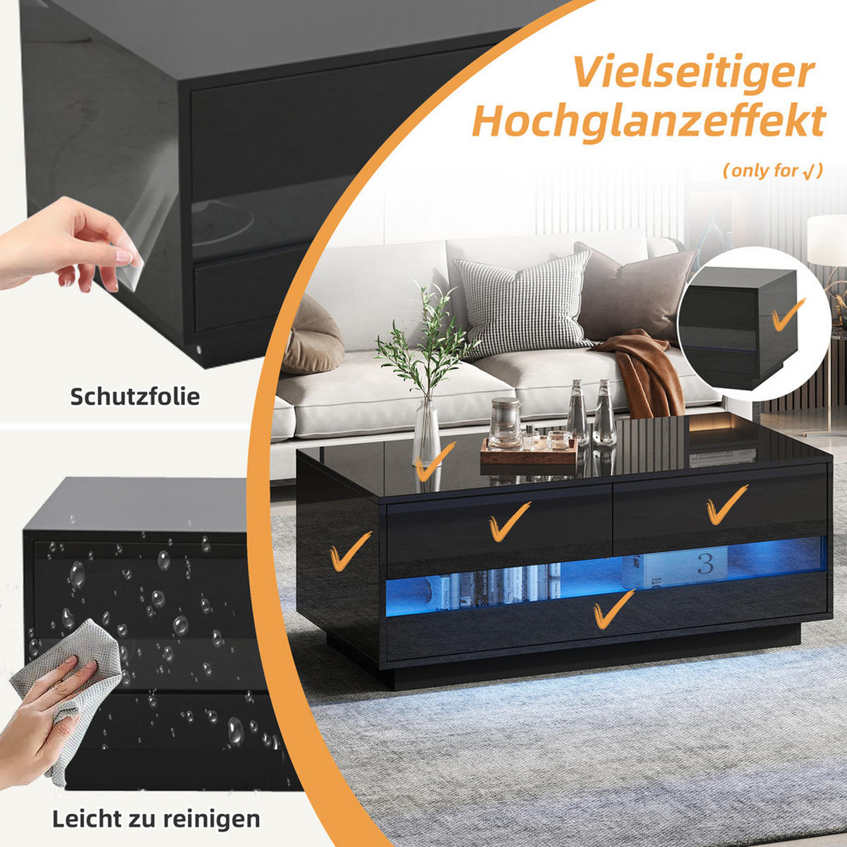 COUCHTISCH 100x50cm Schwarz Hochglanz Bluetooth LED 2 Schubladen Glas - Schwarz, Holz (111.51/58.04/16.51cm) - FLIEKS