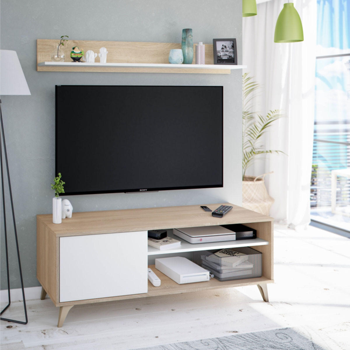 TV-MÖBEL mit 2 Nischen und 1 Tür mit seinem Wandregal Kikua Plus - L135 cm - Weiß, Holzwerkstoff (40/50/8cm) - Calicosy