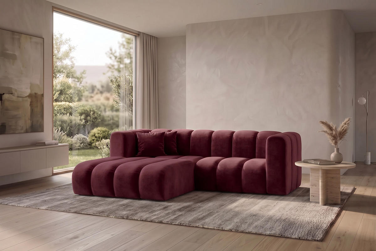 ECKSOFA Modulares In L-Form, Velvet-Stoff Riviera, Rotwein, Links, GRAND - Dunkelrot, Holz (227/179cm) - Kaiser Möbel