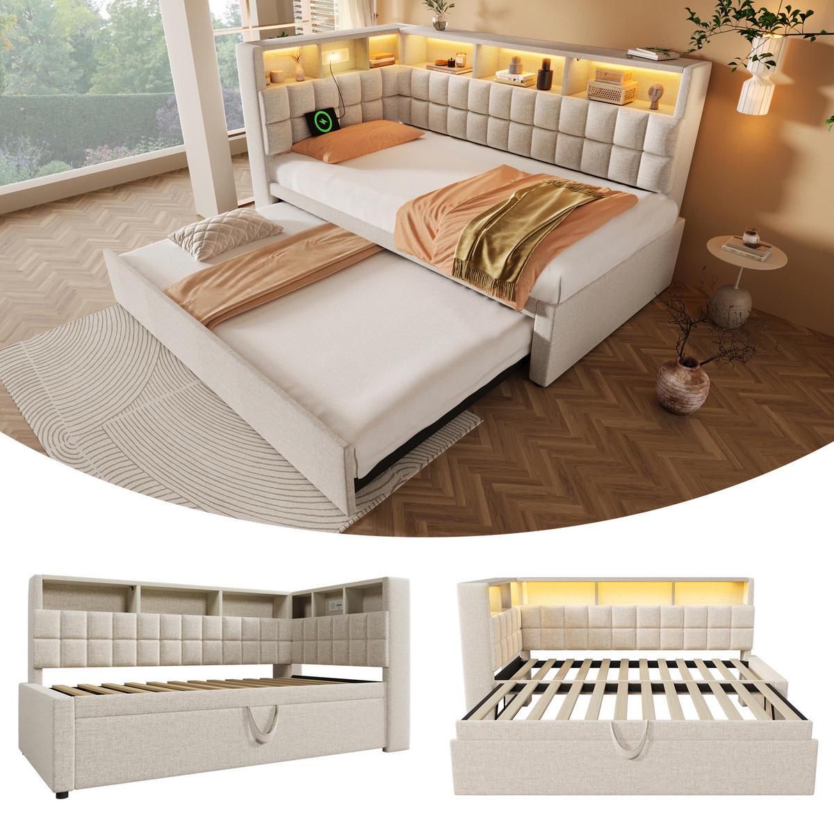 AUSZIEHBETT 90/200 cm Beige mit LED-Beleuchtung Bluetooth-Lautsprecher und USB- und Type-C-Anschlüssen aus Leinen - Beige, Textil (90/200cm) - OKWISH