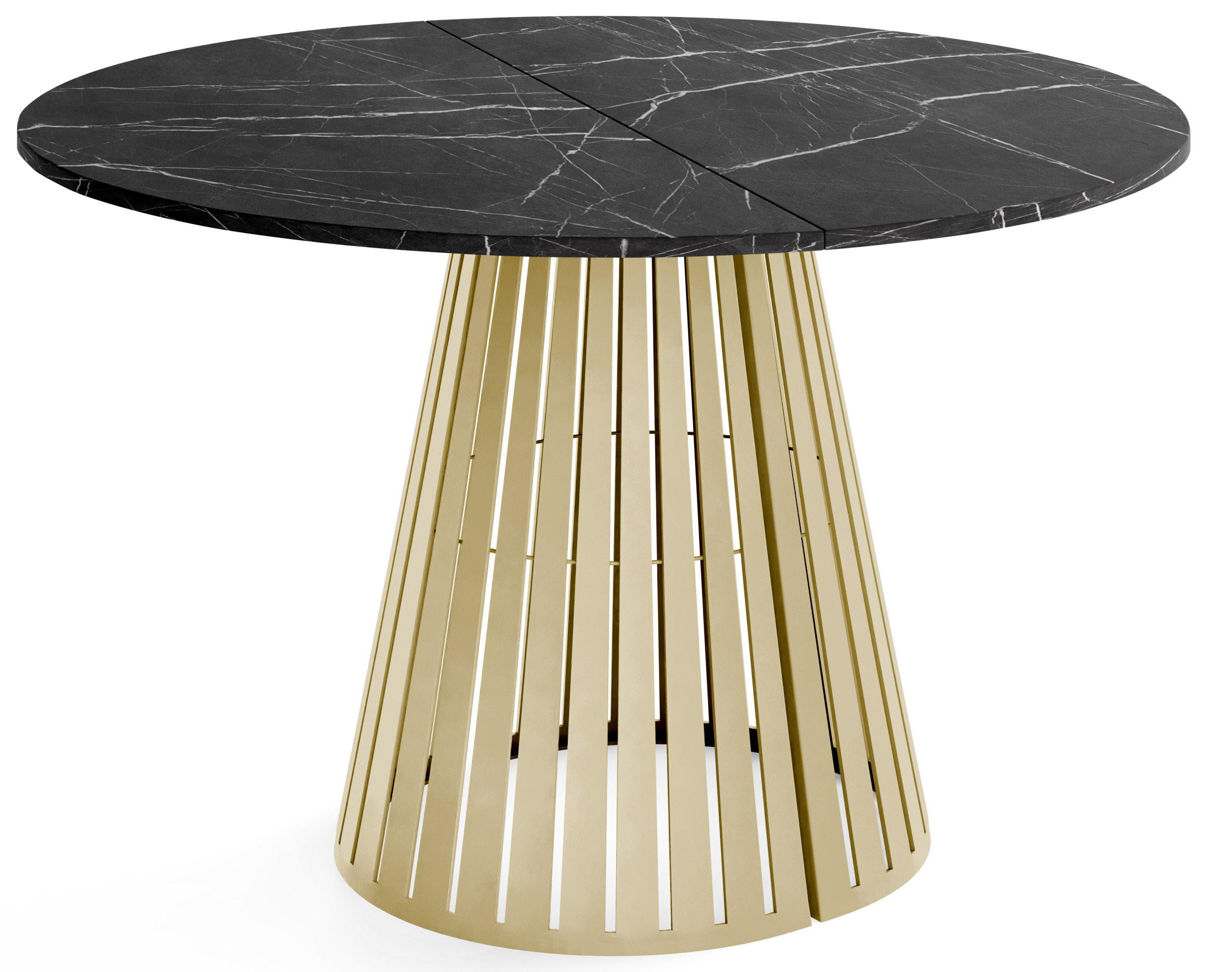 ESSTISCH Naro rund ausziehbar mit Goldenem Lamellen-Metallgestell, Marmor Schwarz 100-180/100/76 cm - Anthrazit/Goldfarben, Holzwerkstoff/Metall (100/176/76cm) - WFL GROUP