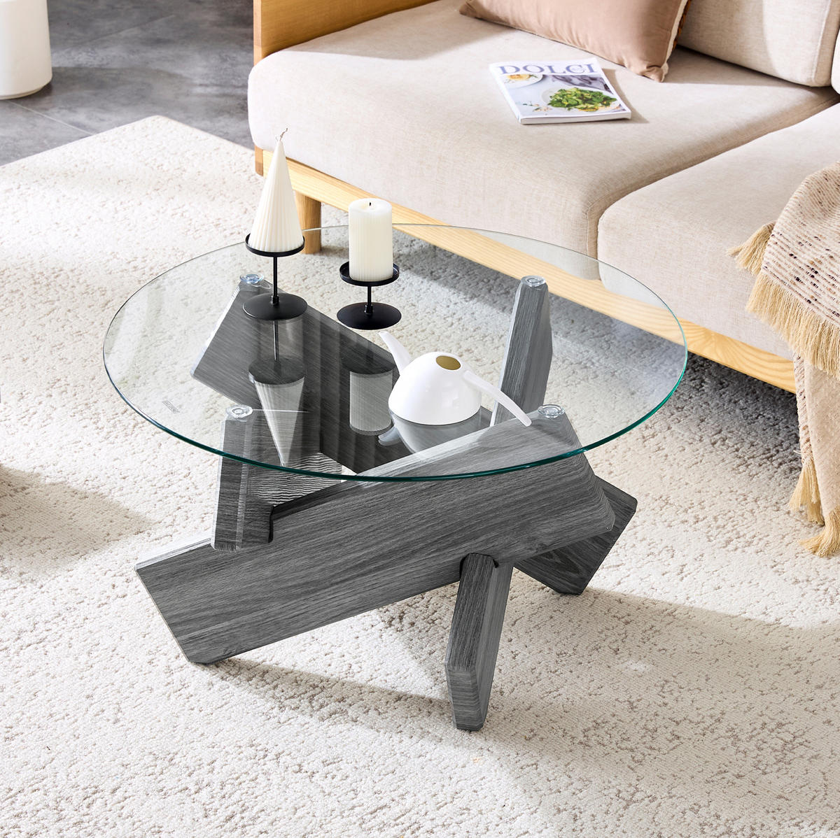 COUCHTISCH 79/45 cm aus Glas und MDF mit Kreuzgestell in Grau - Grau, Holzwerkstoff (79/79/45cm) - Flora Grace
