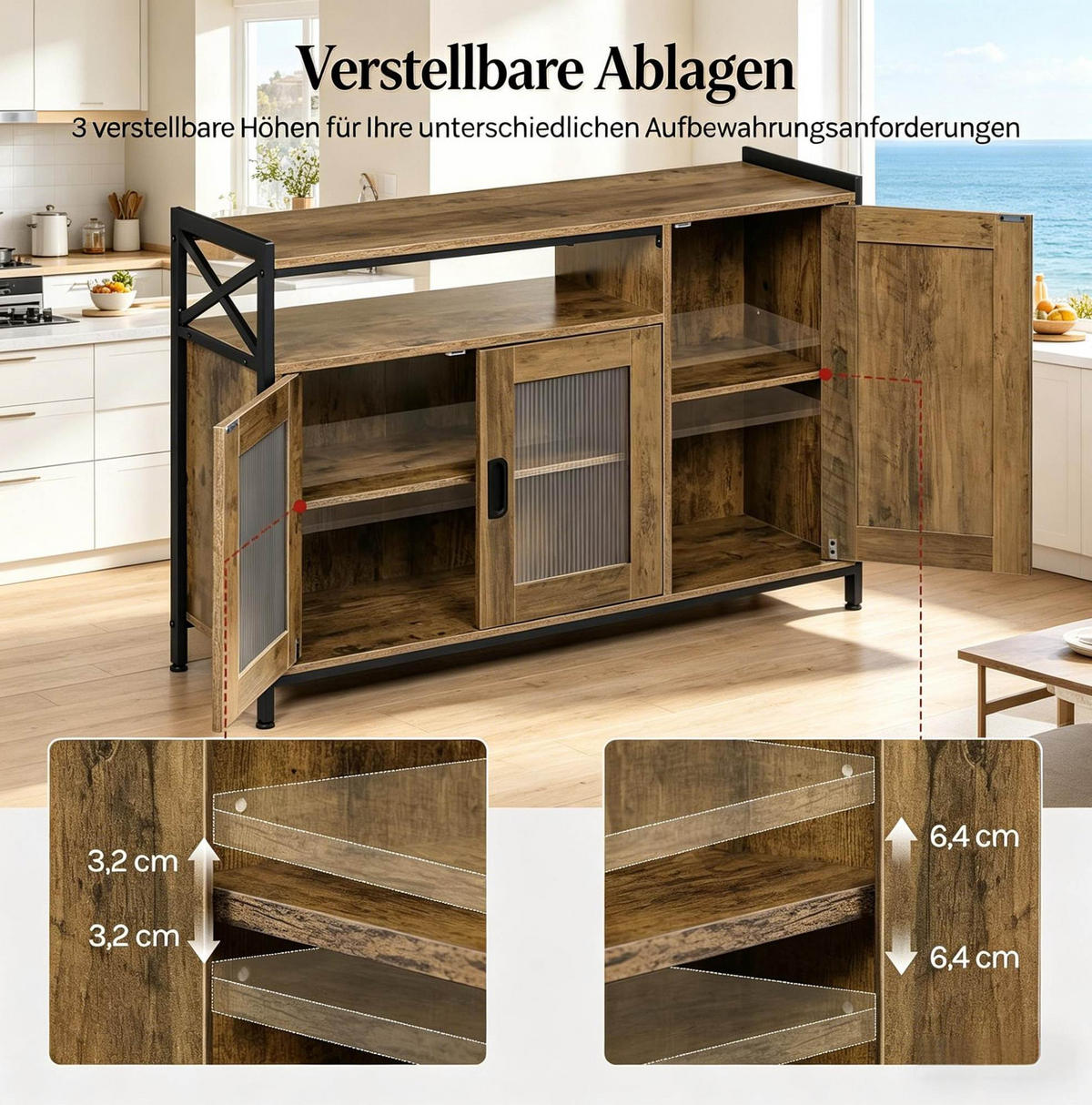 SIDEBOARD 110/33/75 cm in Braun mit offenem Fach und verstellbaren Regalen - Braun, Metall (110/75/33cm) - BEAOK