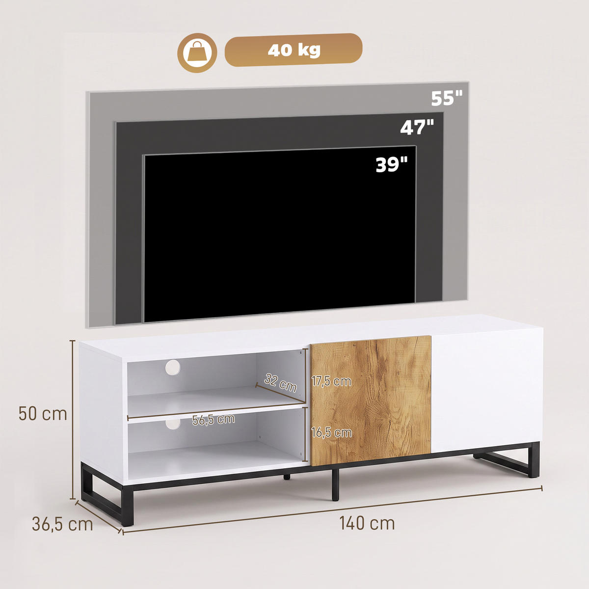 TV-SCHRANK Spanplatte Stahl Weiß - Weiß, Holzwerkstoff/Metall (140/50/36.5cm) - HOMCOM