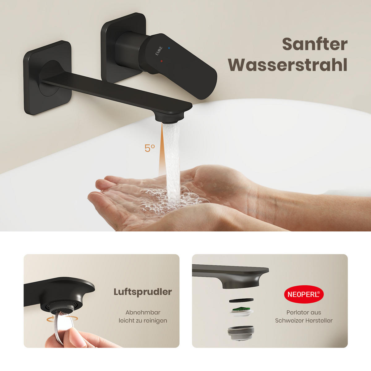 WASCHTISCHARMATUR Modular Ventilkernzertifizierung Messing Schwarz Matt - Schwarz, Metall (12.7/11/23.3cm) - EMKE