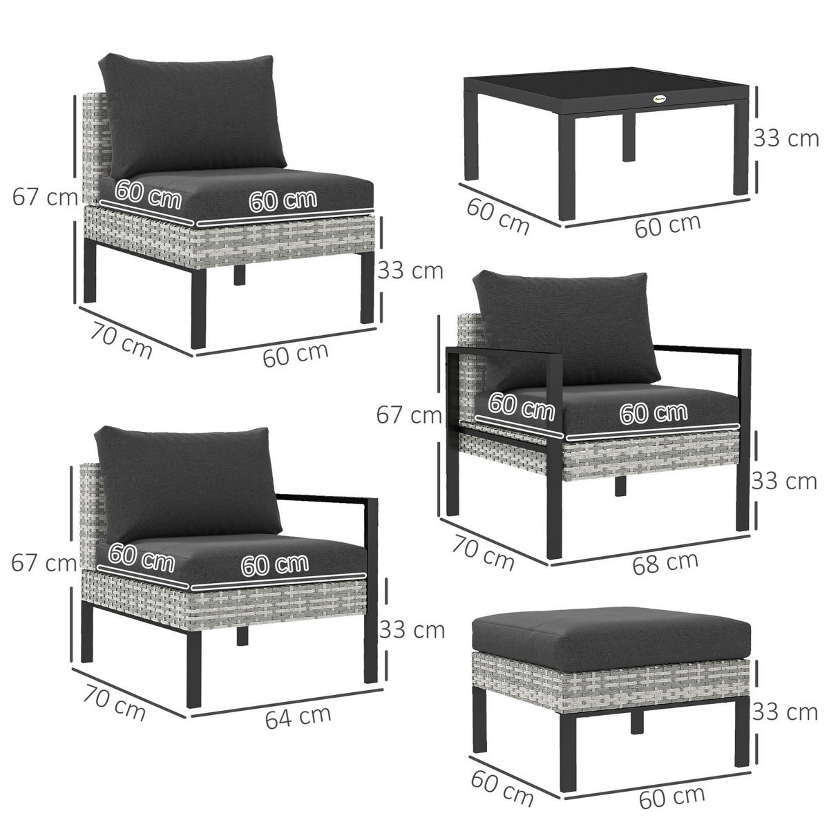 GARTENLOUNGE-SET DE-13619 6-teilig mit Tisch & Hocker Hellgrau - Hellgrau, Kunststoff/Metall - ComfortXL