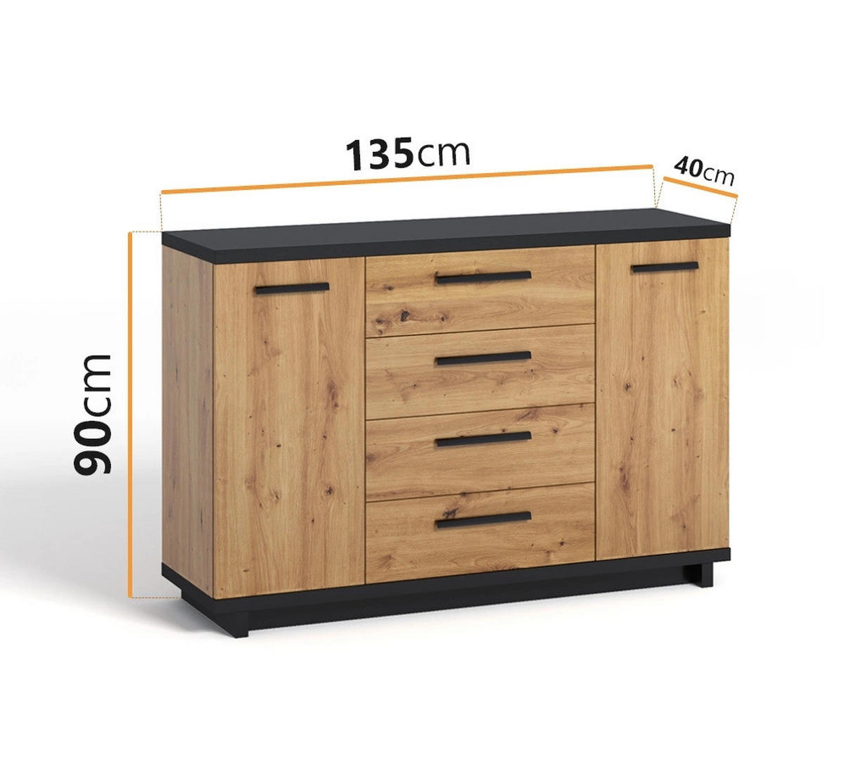 SIDEBOARD Zonda 135/90/40 mit Schubladen und Türen - Schwarz/Eiche Artisan, Holzwerkstoff/Kunststoff (135/90/40cm) - Ravio