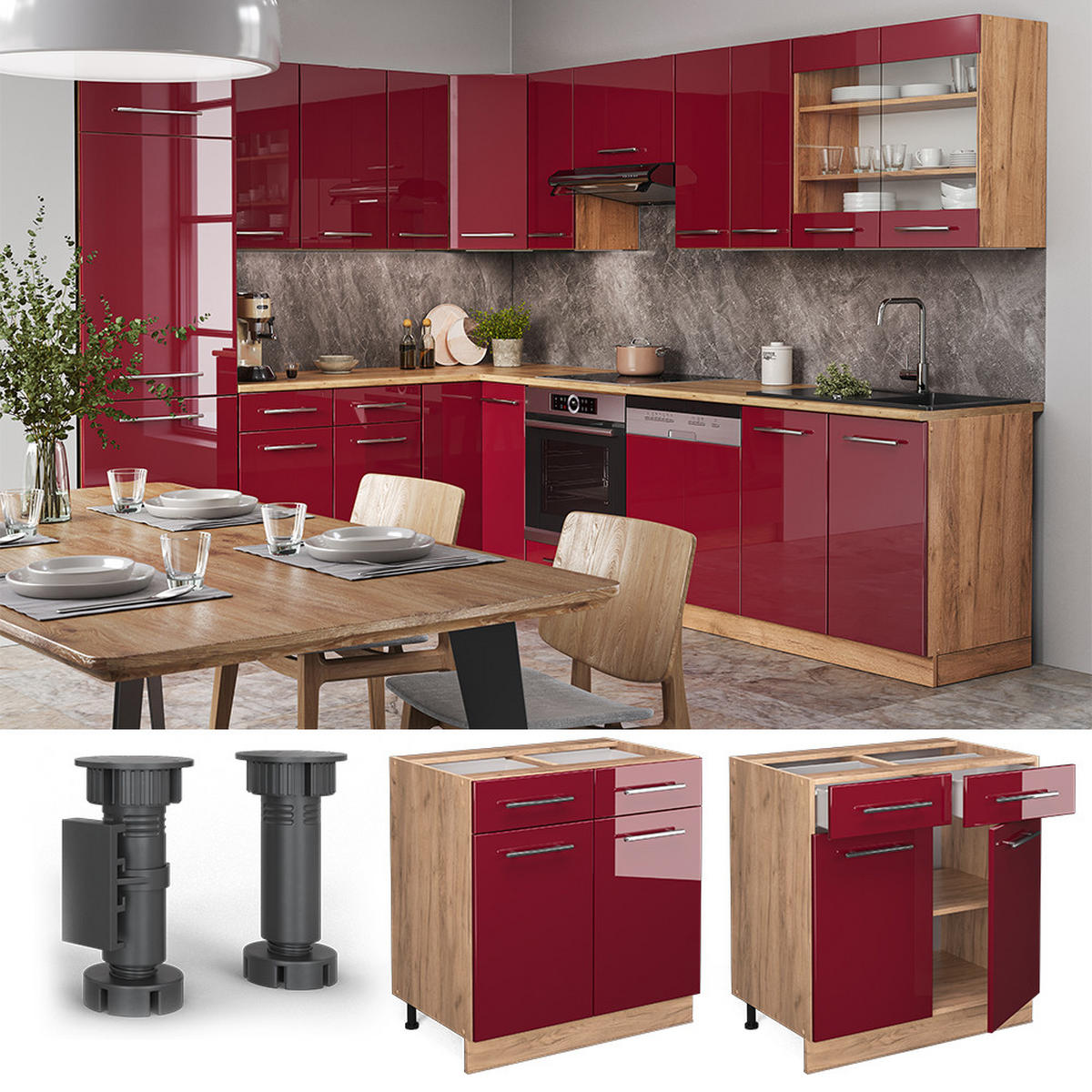 KÜCHENUNTERSCHRANK Fame-Line Bordeaux Hochglanz 80 cm, AP Marmor - Bordeaux/Eiche Wotan, Holzwerkstoff (80/82/60cm) - Vicco