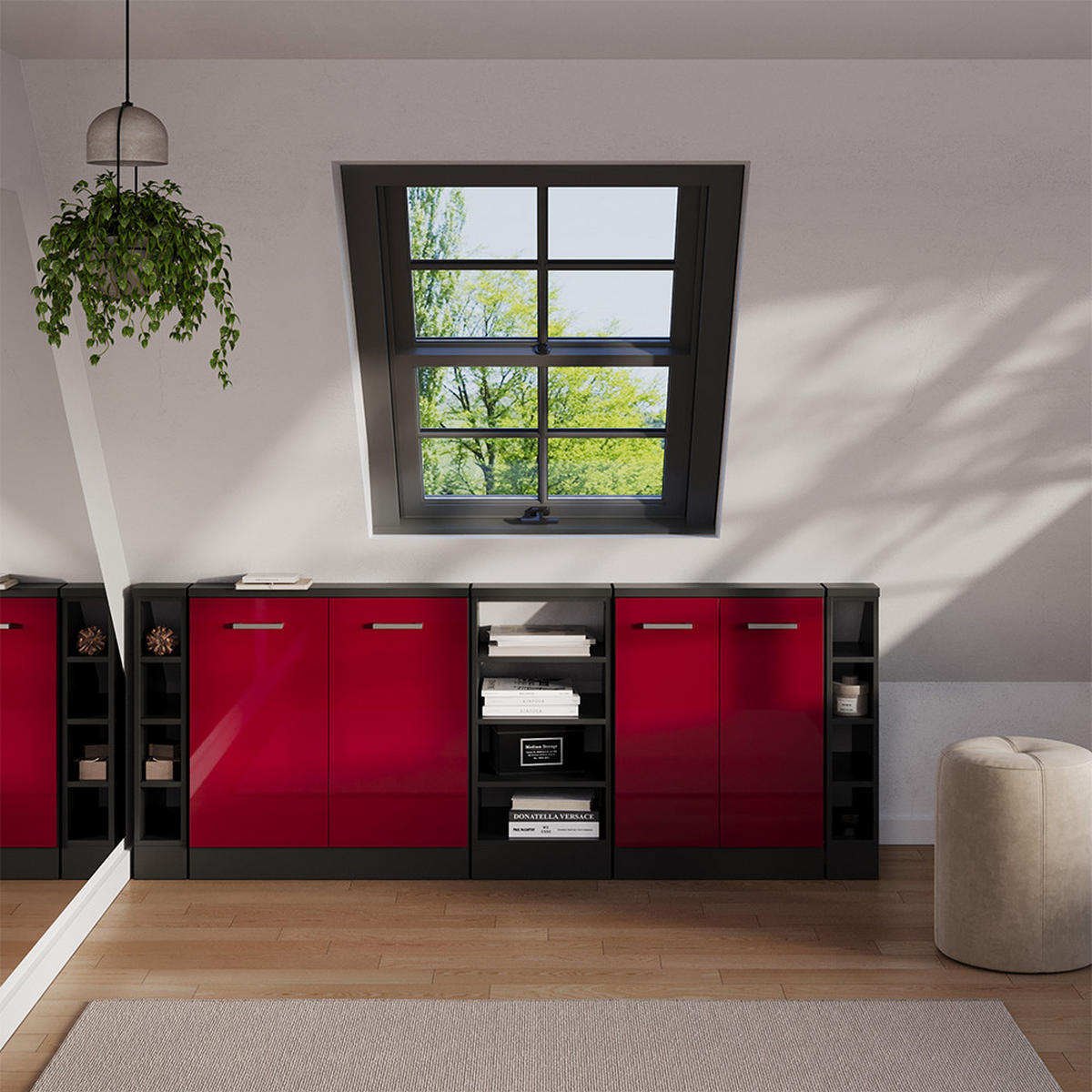 DACHSCHRÄGENSCHRANK-SET Rion Rot Hochglanz/Anthrazit 5er Set - Anthrazit/Rot, Holzwerkstoff (215/81.6/46cm) - Vicco