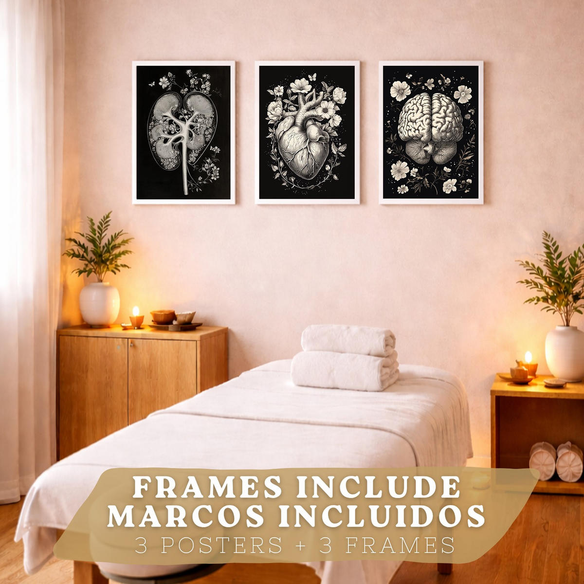 POSTER Set aus 3 Anatomie Mensch Drucke und Wandbilder mit Niere Harnsystem Gehirn und Herz Klassisches Schwarz Weiß Design Größe Weißer Rahmen A3 - Weiß, Papier (29.7/42/3cm) - Nacnic