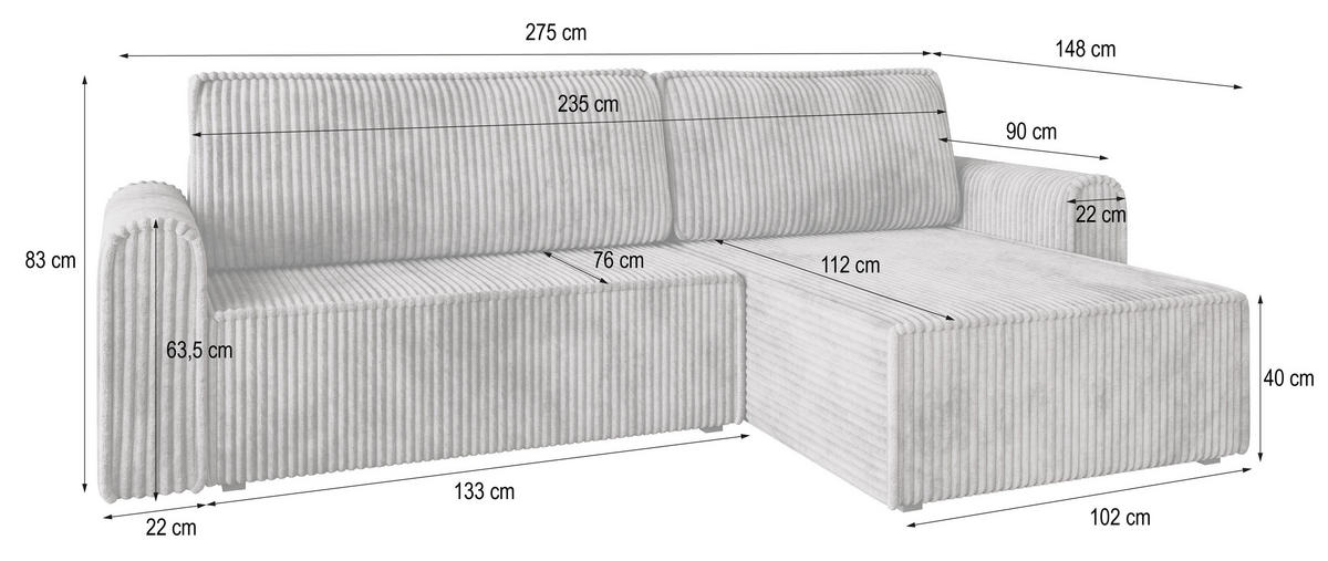 ECKSOFA VALTINO Grün Kordstoff mit Schlaffunktion - Grün, Holz (275/148cm) - MASSENO