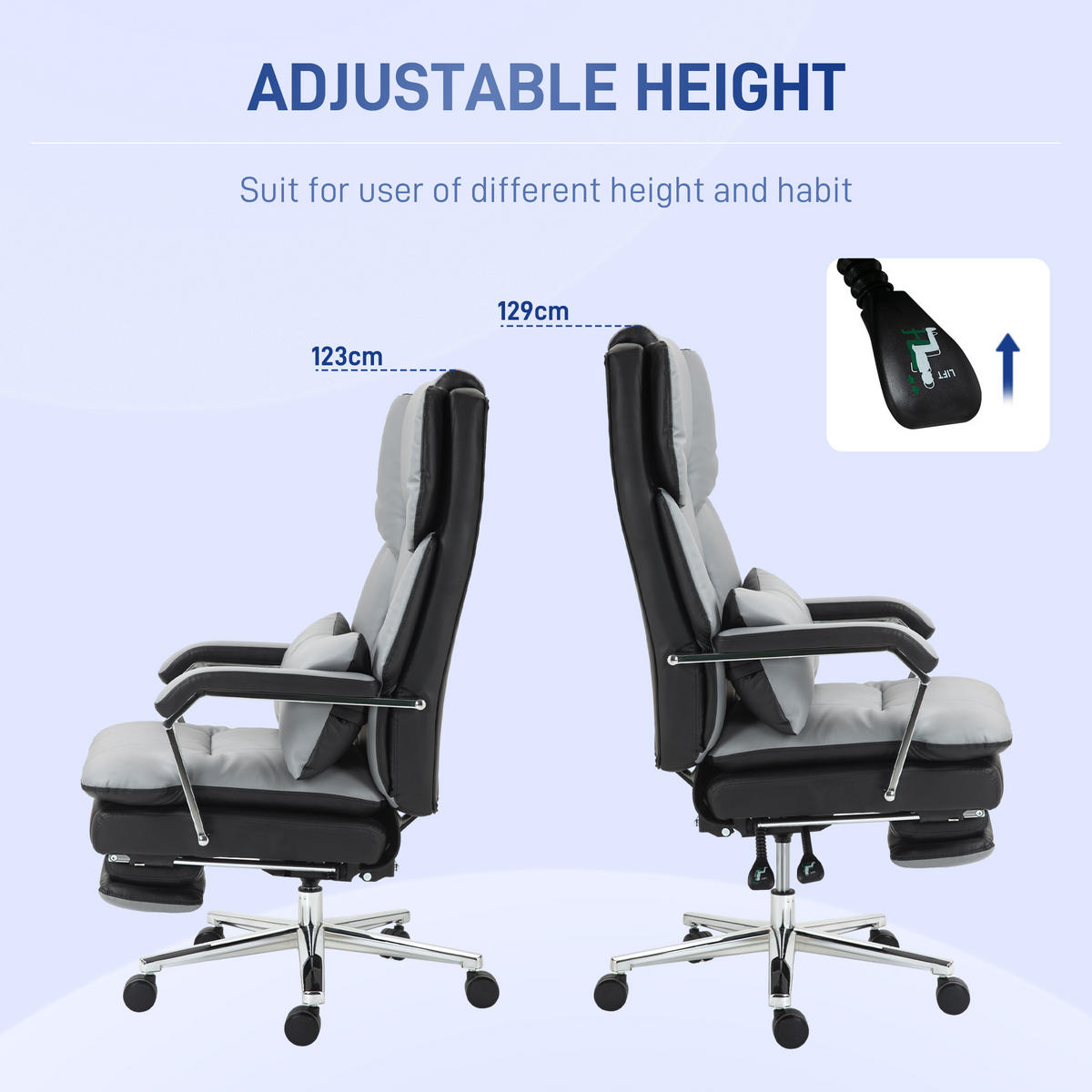 KANCELÁŘSKÁ ŽIDLE, ergonomická, šedá - šedá, kůže (71/129/63cm) - HOMCOM