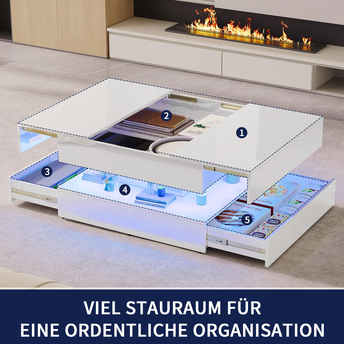 COUCHTISCH 78x78 cm mit RGB-LED & 2 Schubladen, Weiß Hochglanz - Weiß, Metall (78/78/43cm) - EuroLiving