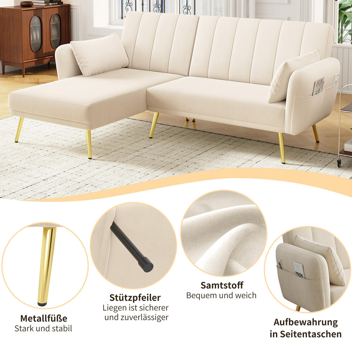 ECKSOFA, Samt mit Schlaffunktion & verstellbarer Rückenlehne, 191,5/130,5/80 cm, Beige - Beige, Textil (130.5/191.5cm) - Redom