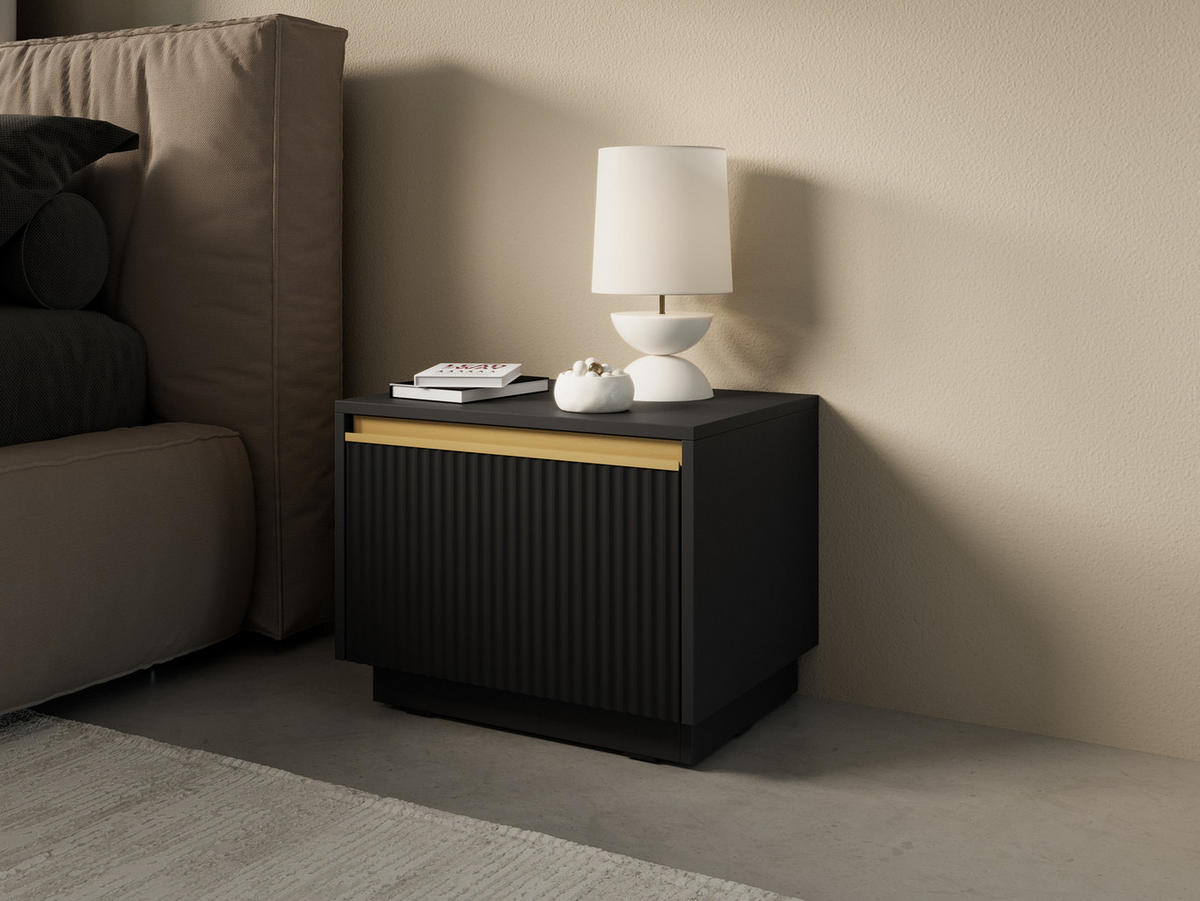 NACHTSCHRANK 54 cm Baron mit Schublade - gold accessories, Schwarz - Schwarz, Holz (54/42/39cm) - Emporius