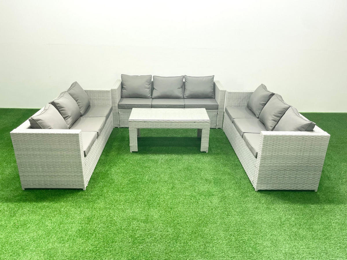 BALKONMÖBEL-SET Polyrattan Hellgrau-Mix 9-teilig - Hellgrau/Grau, Glas/Kunststoff - Fimous