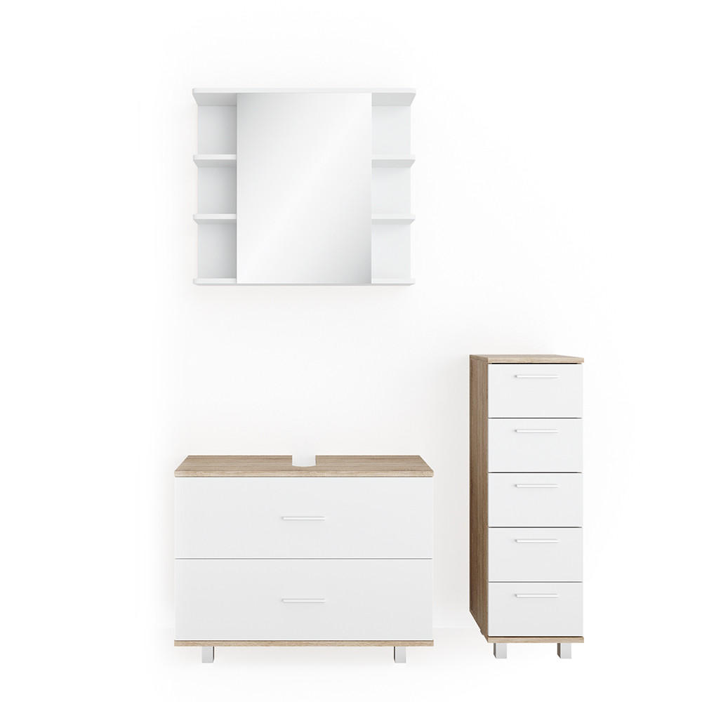 BADMÖBEL-SET Ilias Weiß/Sonoma 3 Teile, mit Unterschrank 80 cm - Weiß/Sonoma Eiche, Holzwerkstoff (80/60/33cm) - Vicco