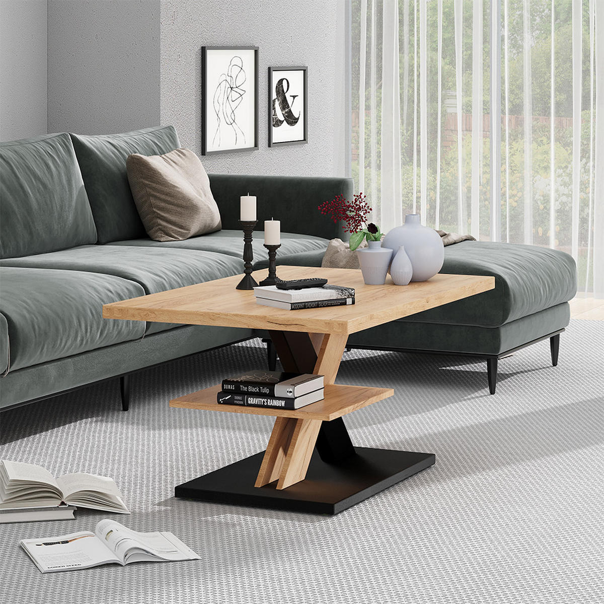 COUCHTISCH Arivo Eiche/Schwarz 90 x 60 cm mit Ablage - Eichefarben/Schwarz, Holzwerkstoff (60/90/45cm) - Vicco