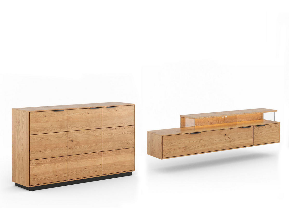 WOHNWAND Tirano 2er-Set Eiche Natur - Eichefarben/Schwarz, Holz/Metall (354/84/39cm) - Feldmann-Wohnen