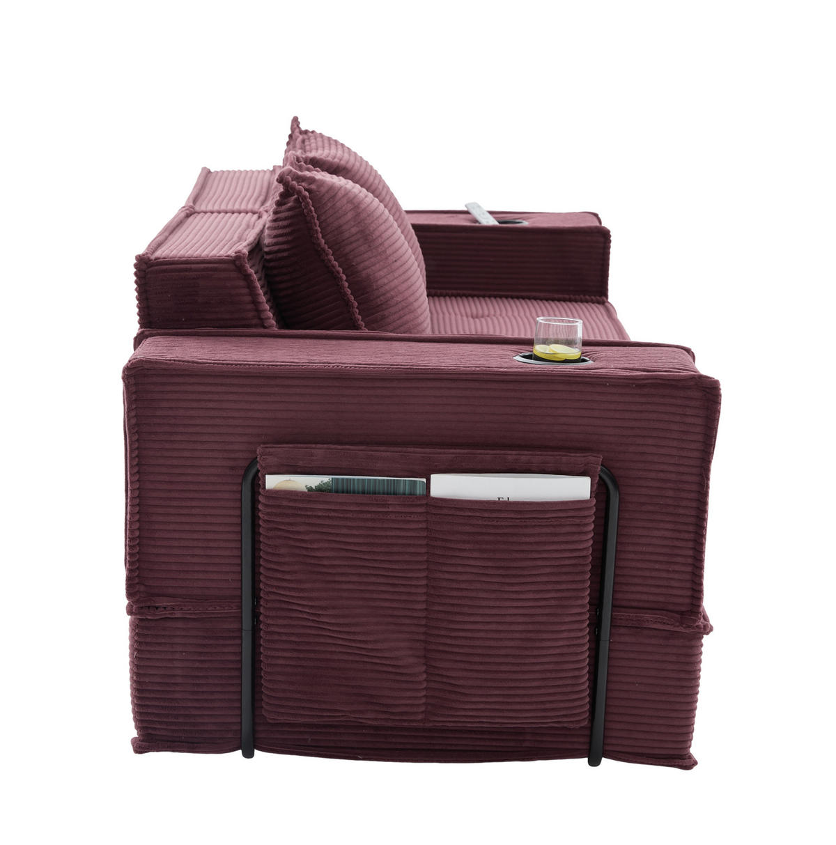 2-SITZER-SOFA aus Cord 78x162x66 cm Weinrot mit Seitentaschen, 2 Kissen und modularer Aufstellung - Rot, Textil (162/66/78cm) - Modfu