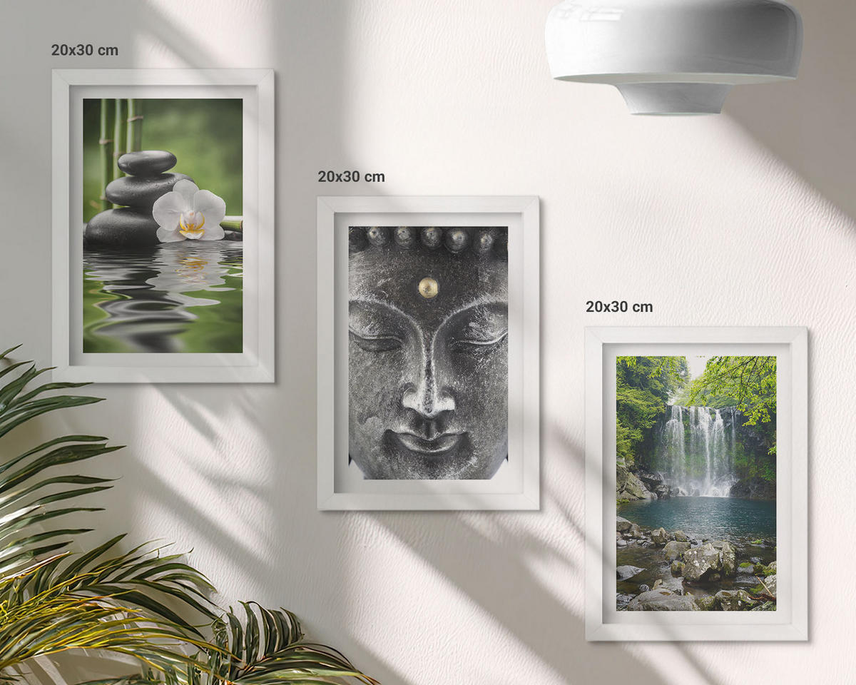 WANDBILDER 3er-Set - 20x30 cm Weißer Rahmen - Harmoniesteine Wasser Buddha - Weiß, Kunststoff (20/30cm) - ArtPrintCave