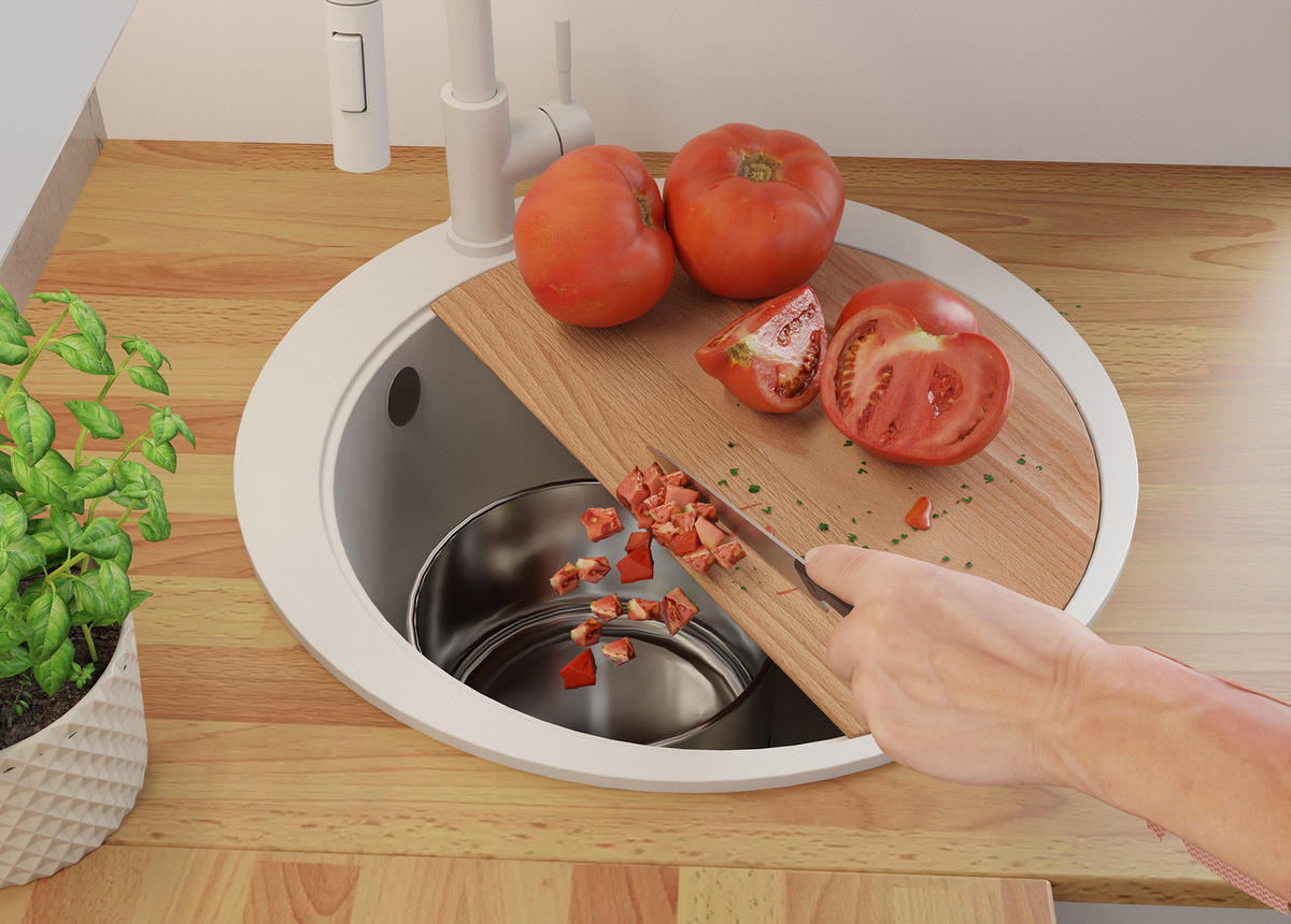 GRANITSPÜLE Pisa Max, 2-er set Weiß 53/53 cm 1 Becken + Küchenarmatur 32/20 cm + Ablauf-Set + Schneidebrett ab 50er Unterschrank - Chromfarben/Beige, Kunststoff (53/20/53cm) - Primagran