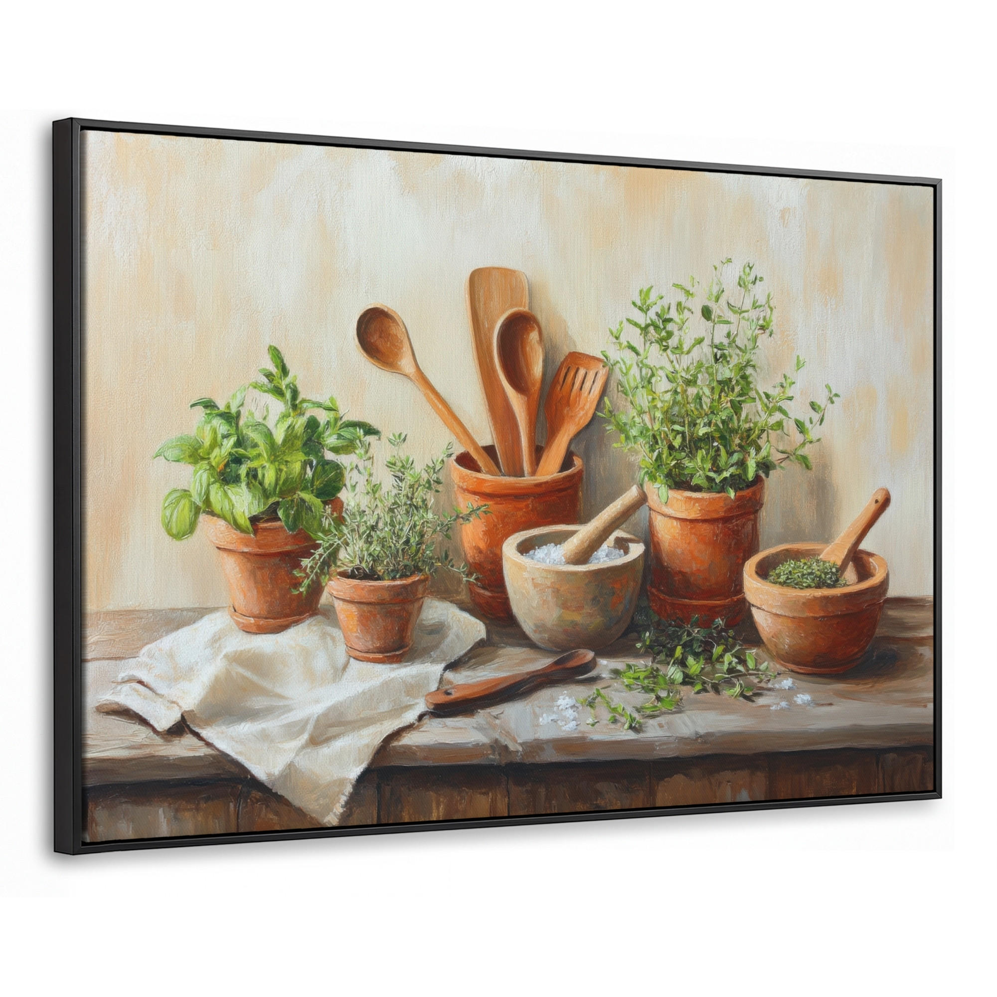 LEINWAND Bilder mit Rahmen - Töpfe - Kräuter - Holz - 150x100 - Terracotta, Textil (150/100cm) - MuchoWow