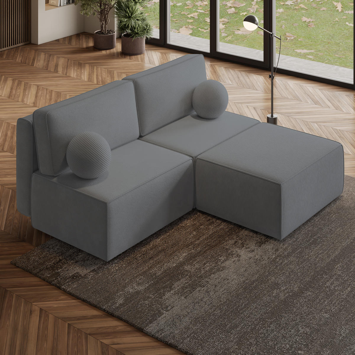 ECKSOFA VARNA P Grau Kordstoff mit Schlaffunktion - Grau, Holz (196/158cm) - MASSENO