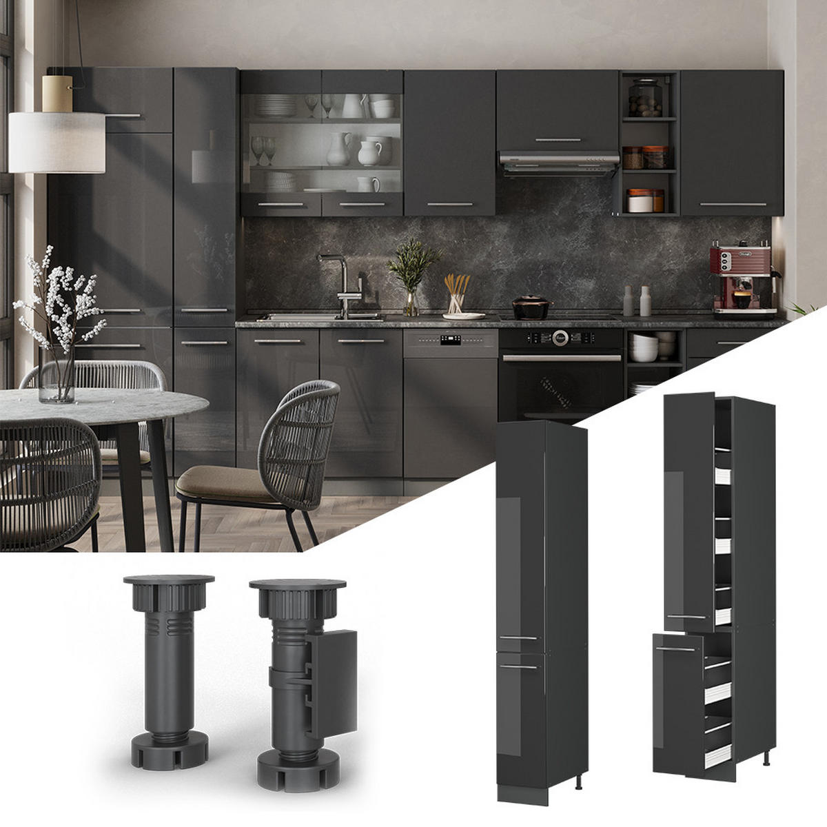 SPODNÍ SKŘÍŇKA KUCHYŇSKÉ LINKY Fame-Line Antracitový vysoký lesk - antracitová/vysoce lesklá černá, kompozitní dřevo (30/206.8/58cm) - Vicco