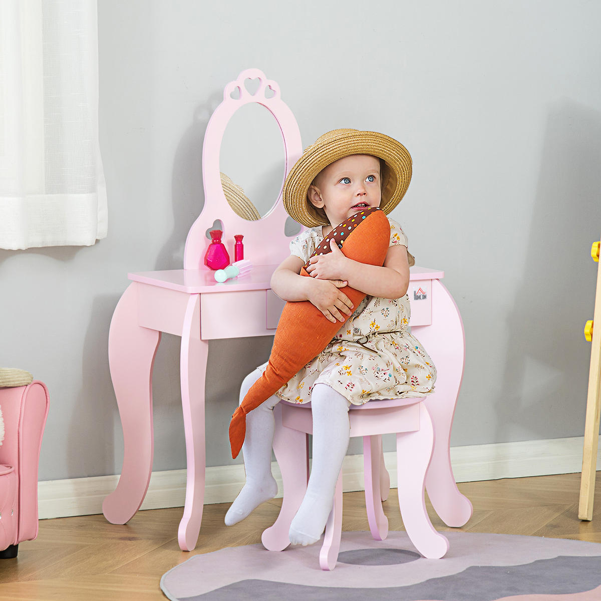 KINDERSCHMINKTISCH DE-18626 mit Herz-Motiven, inkl. Hocker Rosa - Pink, Holzwerkstoff (36/88/60cm) - ComfortXL