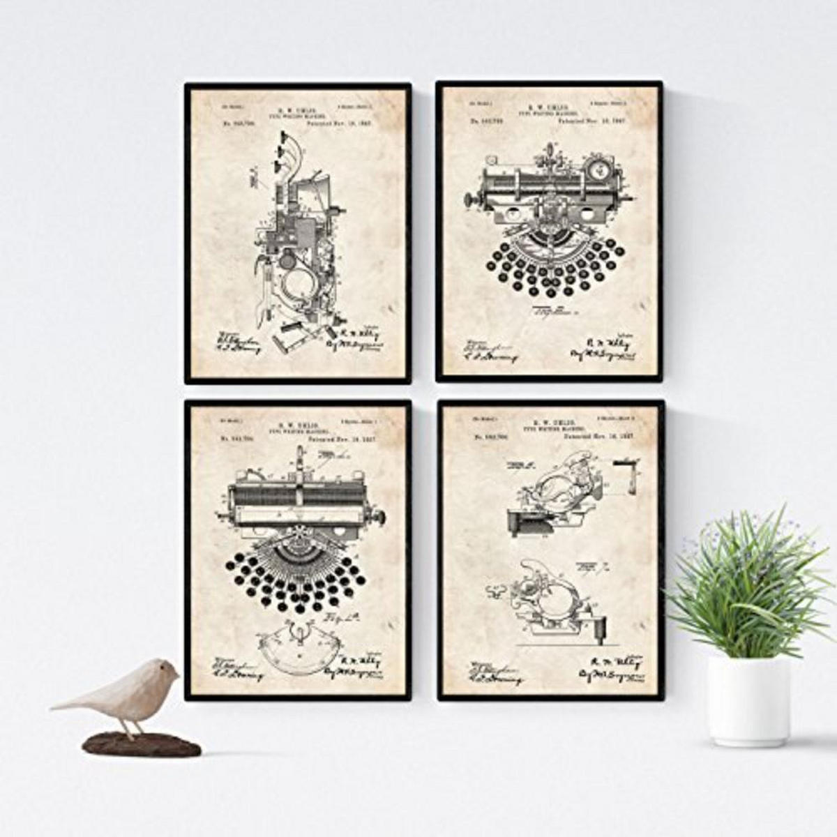 POSTER Set mit 4 Jahrgang PATENTEN Schreibmaschinen A4 Rahmenlos - Klar, Papier (29.7/3cm) - Nacnic