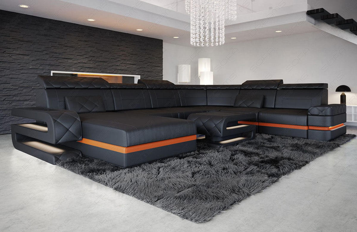 WOHNLANDSCHAFT Bologna Schwarz Orange Echtleder - Schwarz, Leder (397/89/299cm)