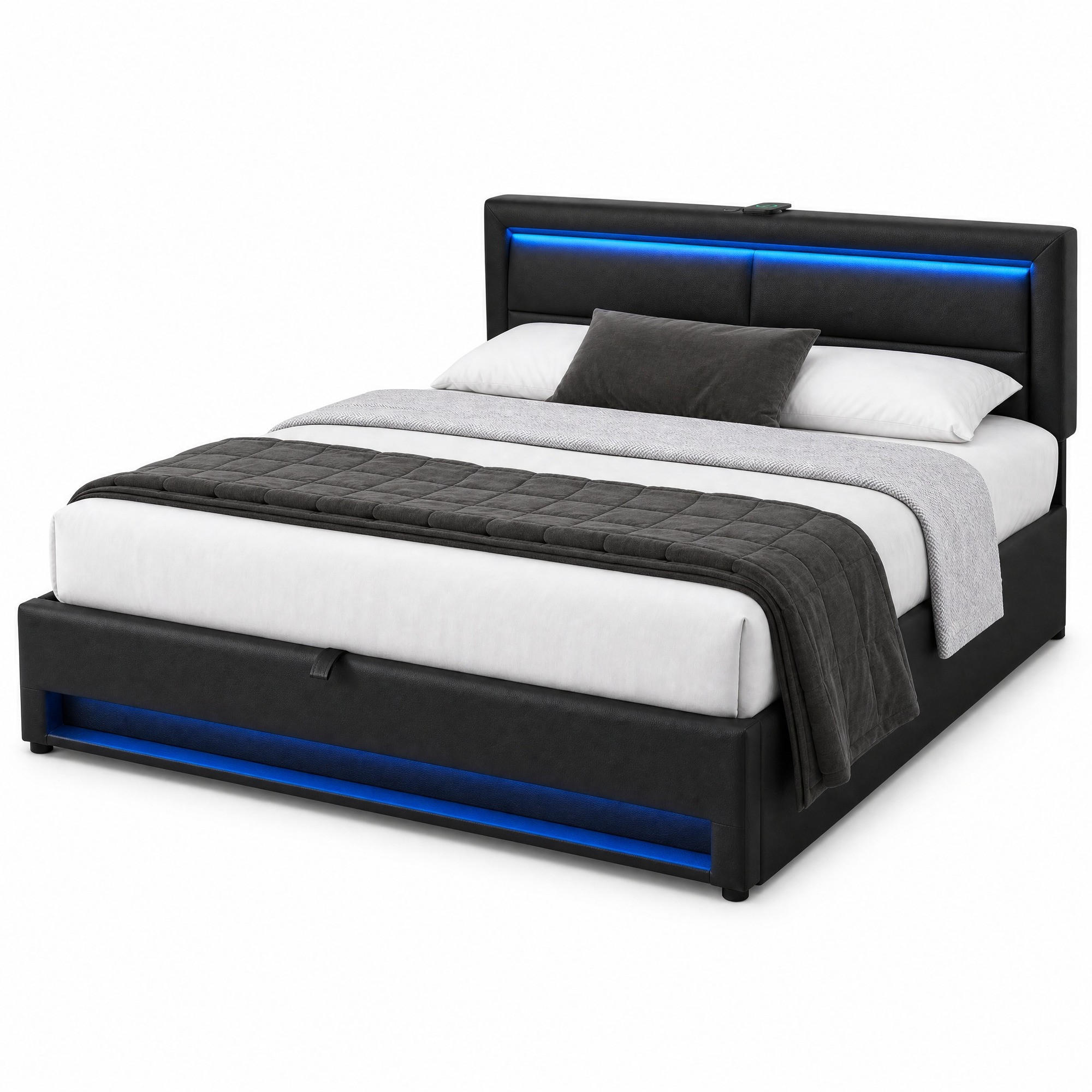 POLSTERBETT 160/200 mit Bettkasten, LED-Beleuchtung und USB in Schwarz - Schwarz, Holzwerkstoff/Textil (160/200cm) - EVRYAE