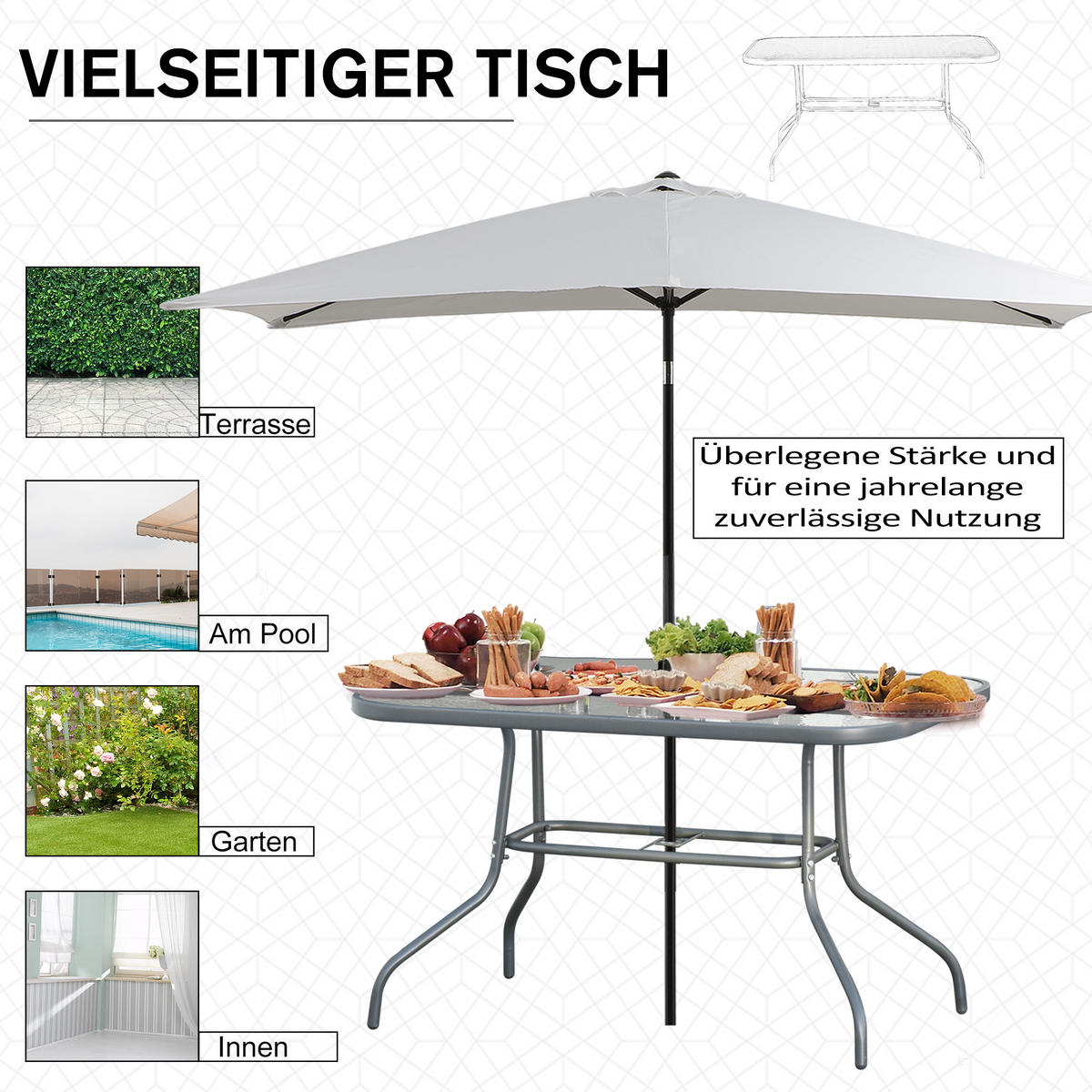 GARTENTISCH, Kohlegrau, Metall,Glas - Grau, Glas/Metall (120/80/70cm) - Outsunny