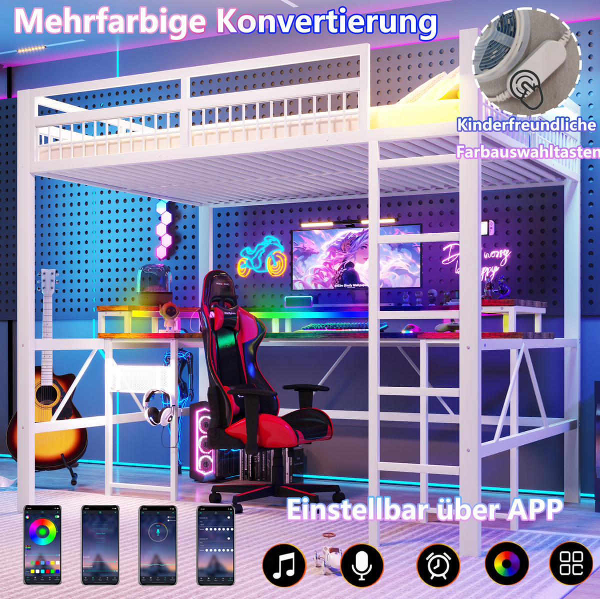 HOCHBETT 140/200 cm in Weiß mit Schreibtisch und LED-Beleuchtung - Weiß, Metall (140/200cm) - Flora Grace