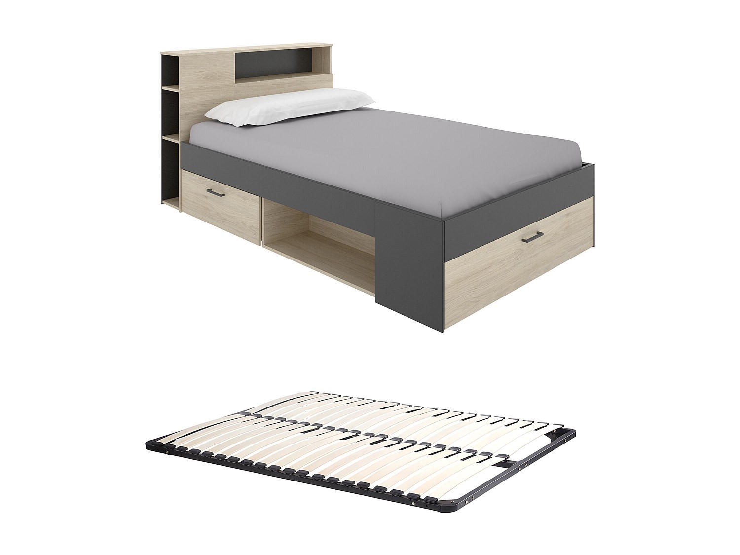 BETT mit Kopfteil, Stauraum & Schubladen - 120 x 190 cm - Holzfarben & Anthrazit + Lattenrost - LEANDRE - Anthrazit, Holz (120/190cm) - Vente-Unique