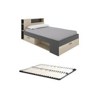 BETT mit Kopfteil, Stauraum & Schubladen - 120 x 190 cm - Holzfarben & Anthrazit + Lattenrost - LEANDRE - Anthrazit, Holz (120/190cm) - Vente-Unique