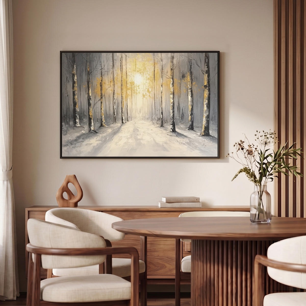 LEINWAND Bilder mit Rahmen - Winter - Abstrakt - Schnee - Natur - Sonne - 90x60 - Grau, Textil (90/60cm) - MuchoWow