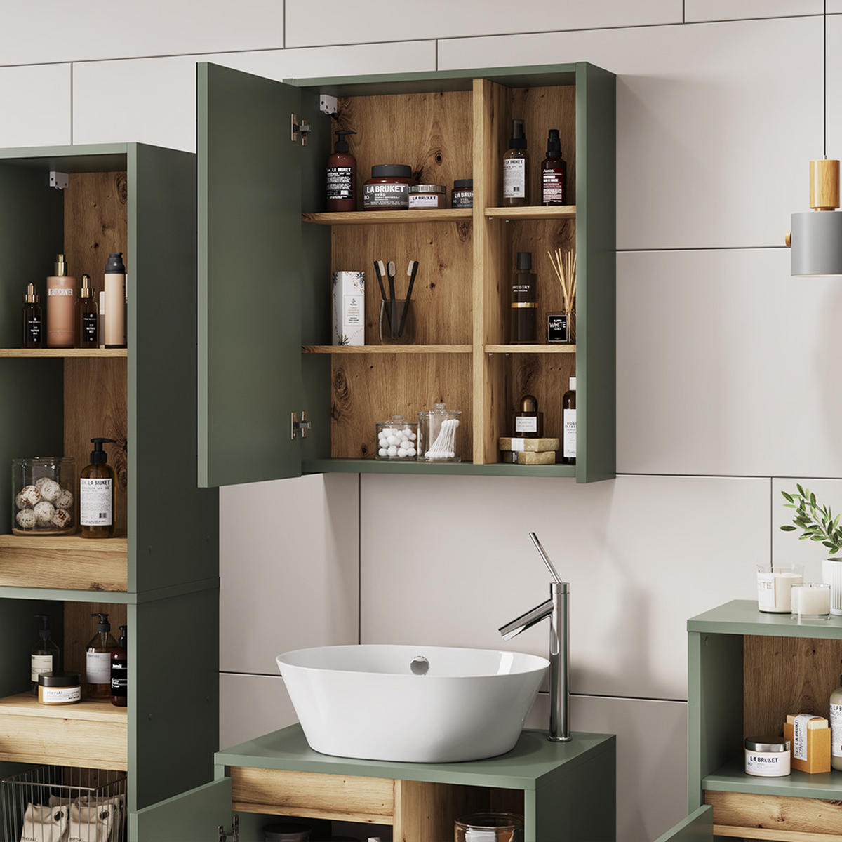 KOUPELNOVÁ SKŘÍŇKA SE ZRCADLEM Viola Zelená/umělecká - dub artisan/zelená barva, kompozitní dřevo (60/75/18cm) - Vicco