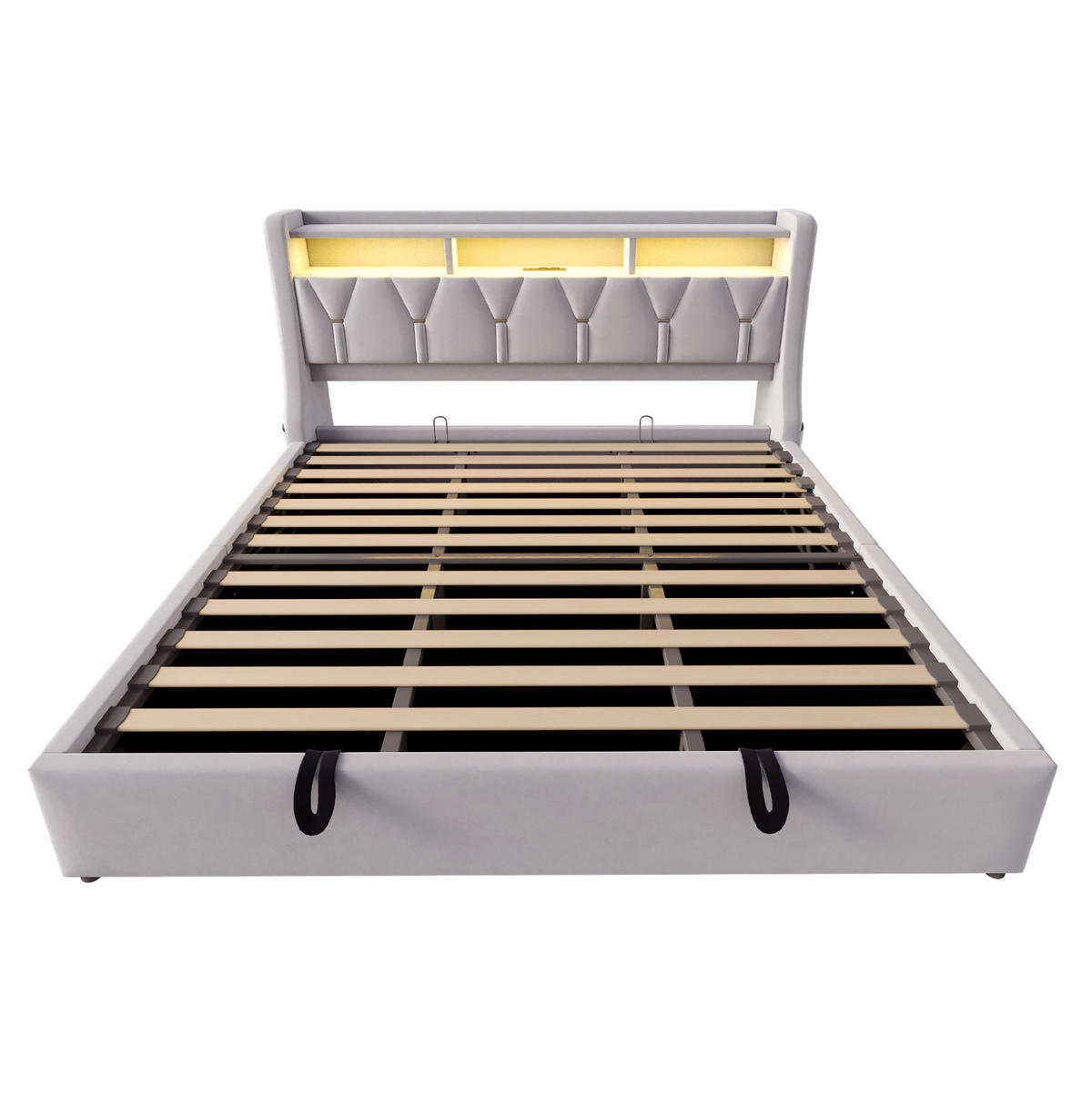 POLSTERBETT aus Samtstoff 180x200 cm Hellgrau mit LED-Beleuchtung, USB, Typ-C und hydraulischem Bettkasten - Hellgrau, Textil (180/200cm) - Modfu