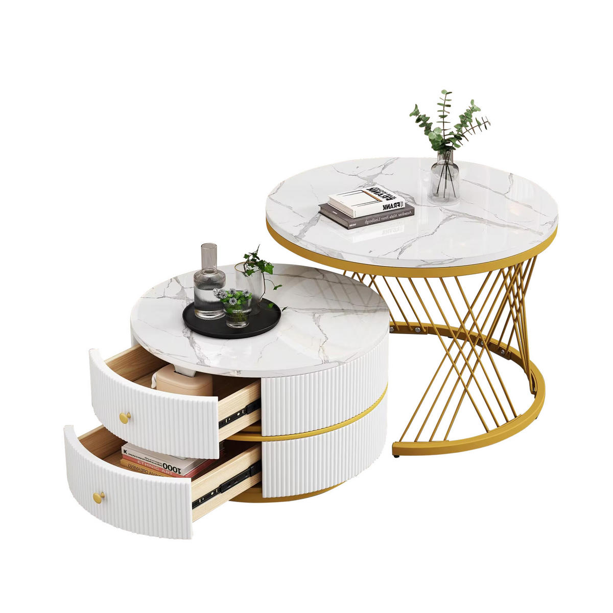 COUCHTISCH-SET aus MDF 60x60x46 cm & 50x50x30,8 cm Weiß mit 2 Schubladen - Weiß, Holzwerkstoff (60/60/46cm) - IVMEU