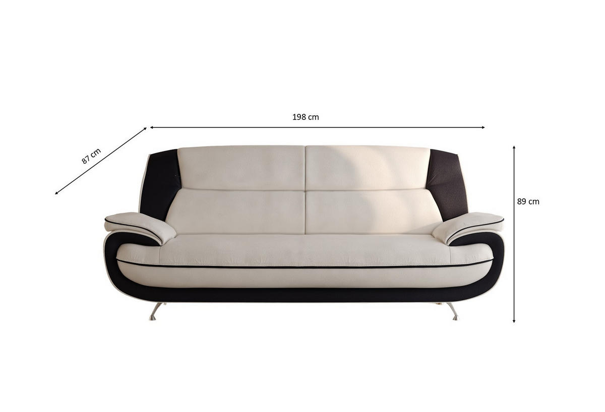 SOFA 3-Sitzer, Stoff Soft, Weiß + Schwarz, Palermo - Weiß, Holz (198/89/87cm) - Kaiser Möbel