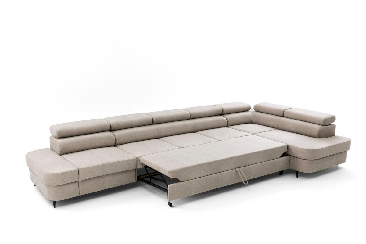 ECKSOFA PRIAM XXL L-Form Rechts mit Schlaffunktion 125x265 Velours Creme - Creme/Schwarz, Holz/Textil (203/420cm) - Muffo