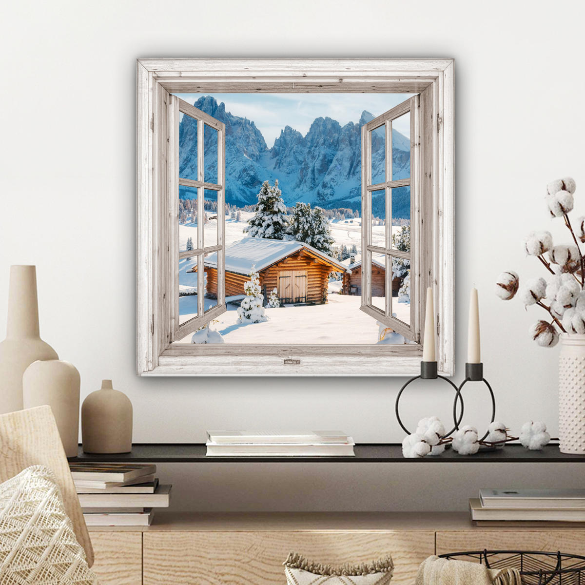 LEINWANDBILD Winterlandschaft - Hütte - Berge - Ausblicke - Aussicht - Natur 50x50 cm - Weiß Hochglanz, Textil (50/50cm) - MuchoWow
