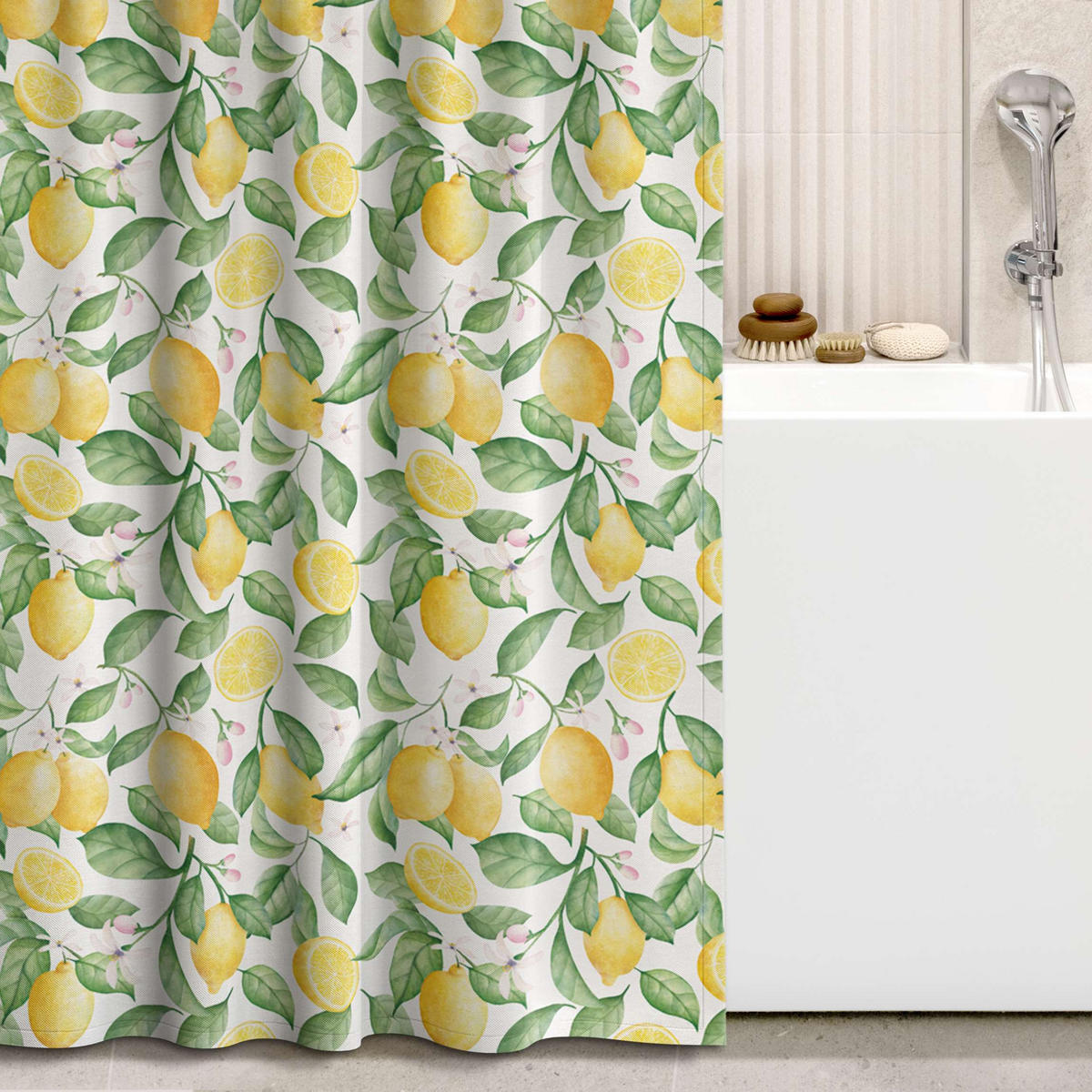 DUSCHVORHANG Aquarell Zitronen und Blüten Muster 180/200 cm - Gelb, Textil (180/200cm) - Bilderwelten