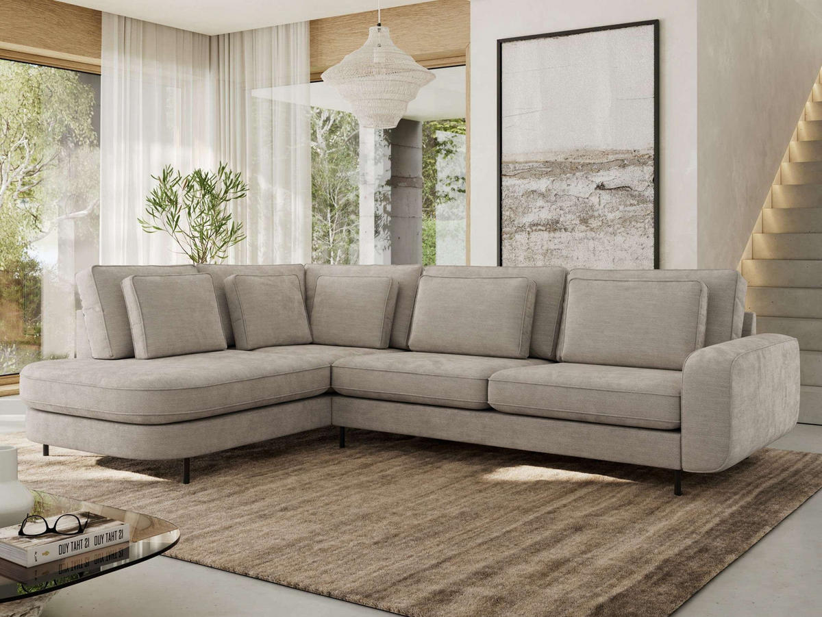 ROHOVÁ SEDAČKA CALENO L - Světle šedá Hrubě tkaná žinylka - Pravá Strana - černá/světle šedá, kov/textil (317/225cm) - MKS