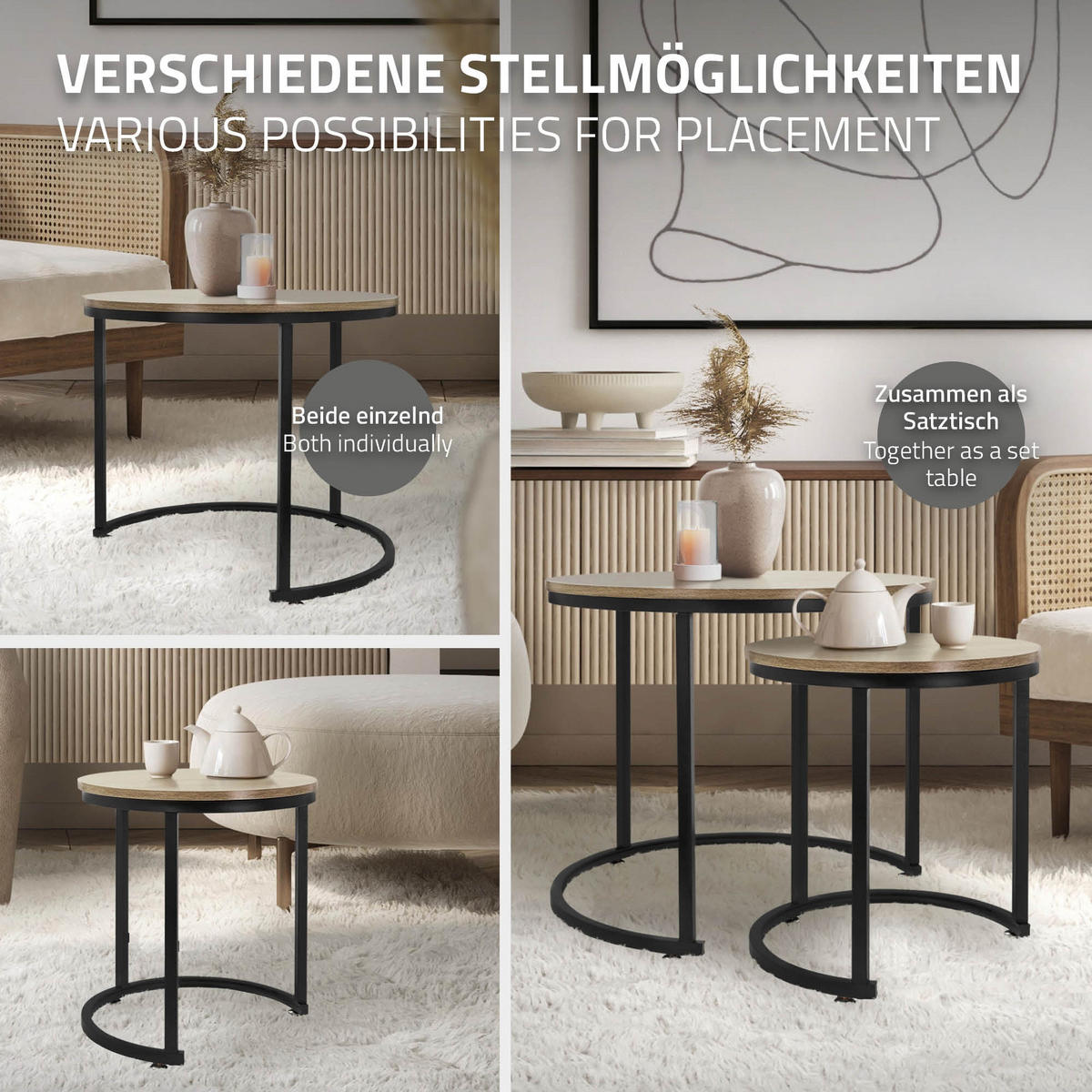 COUCHTISCH rund Sonoma-Schwarz 60/60/52-40/40/44 cm 2er Set - Schwarz, Metall (60/52/60cm) - ML-DESIGN